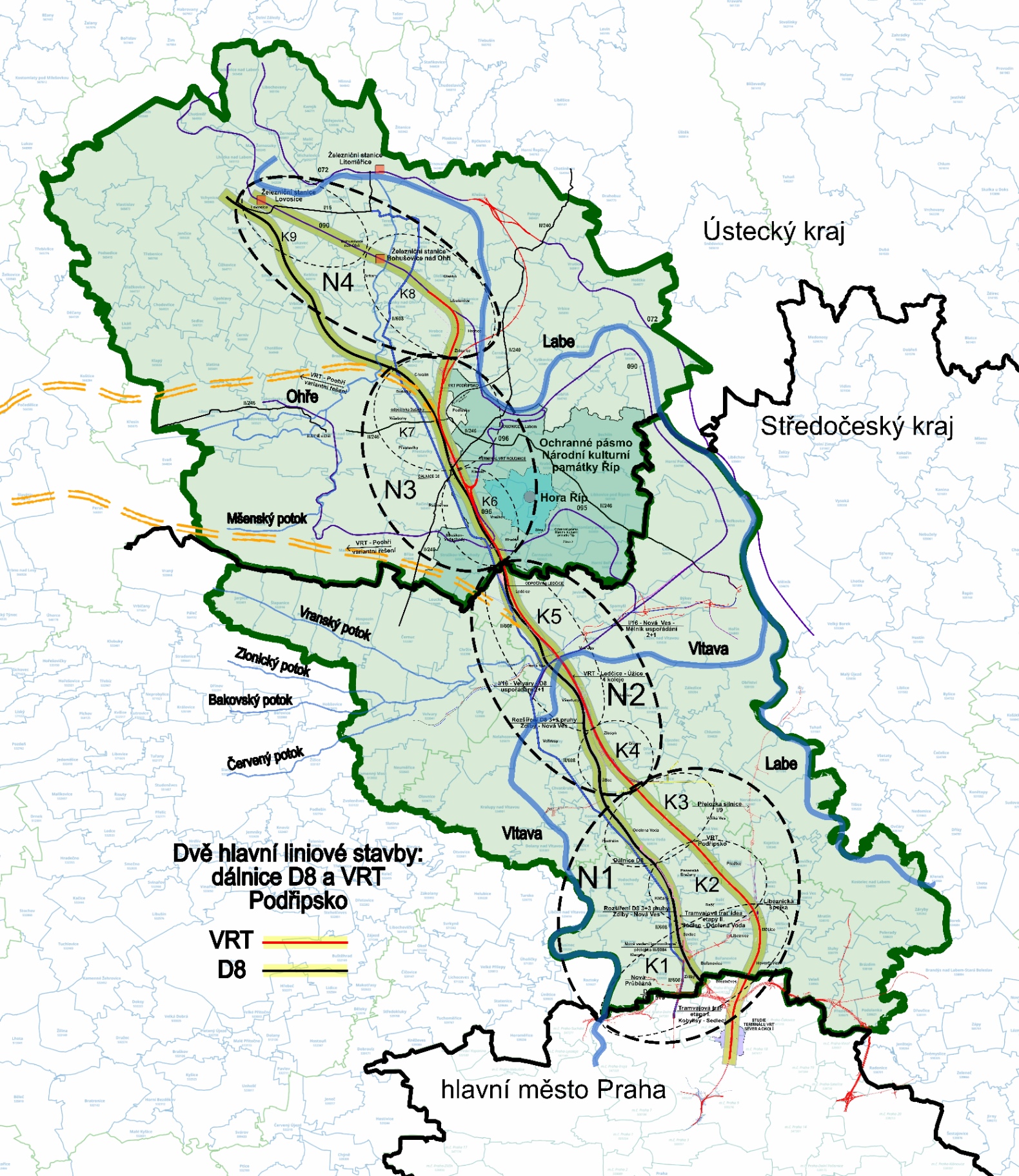 Mapa řešeného území Podřipska — dálnice D8 a koridor VRT